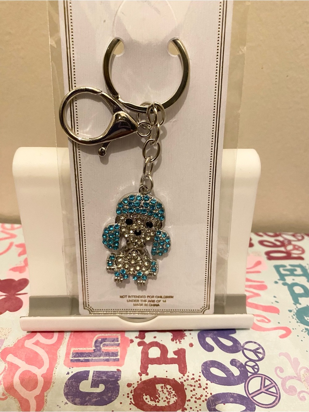 Crystal Poodle Keychain Bag Charm with Blue Accents